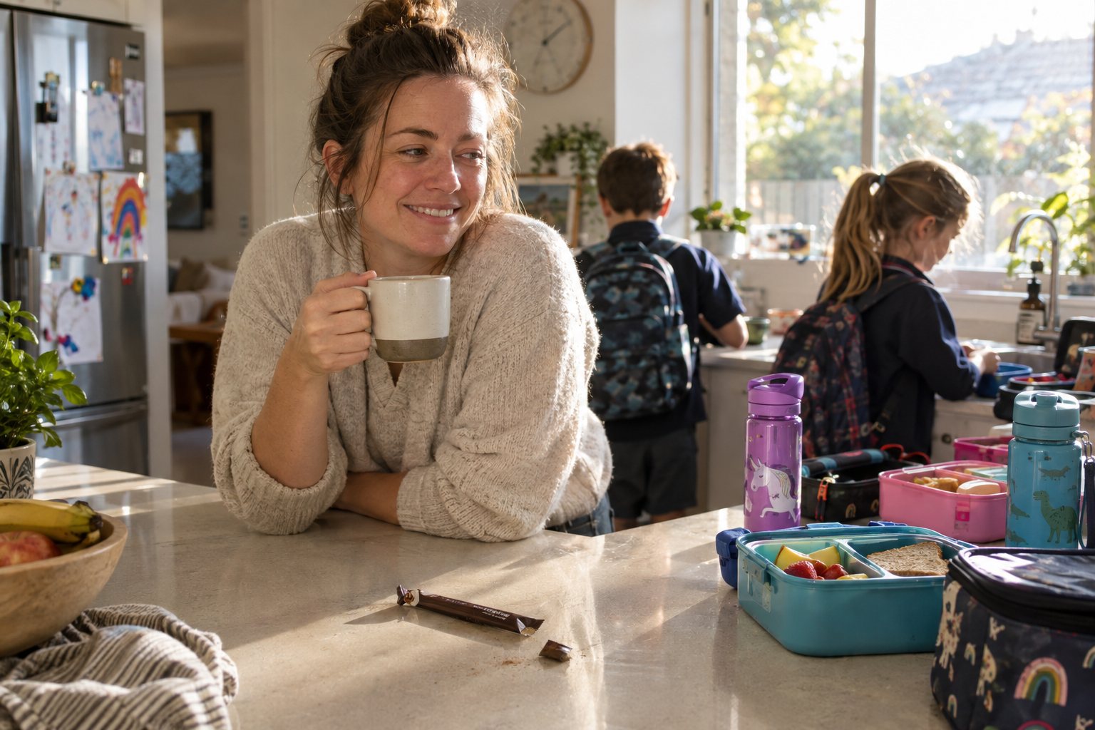 Parent in a busy kitchen holding a coffee next to school lunchboxes