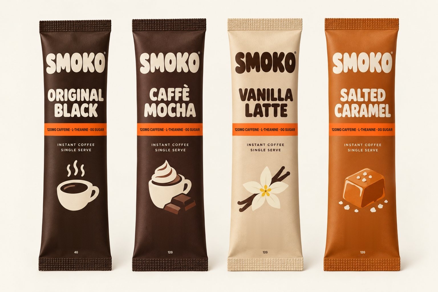 Four SMOKO stick packs: Original Black, Caffè Mocha, Vanilla Latte and Salted Caramel