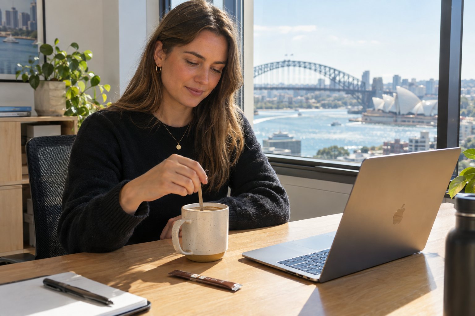Person stirring a mug of coffee at a sunny desk