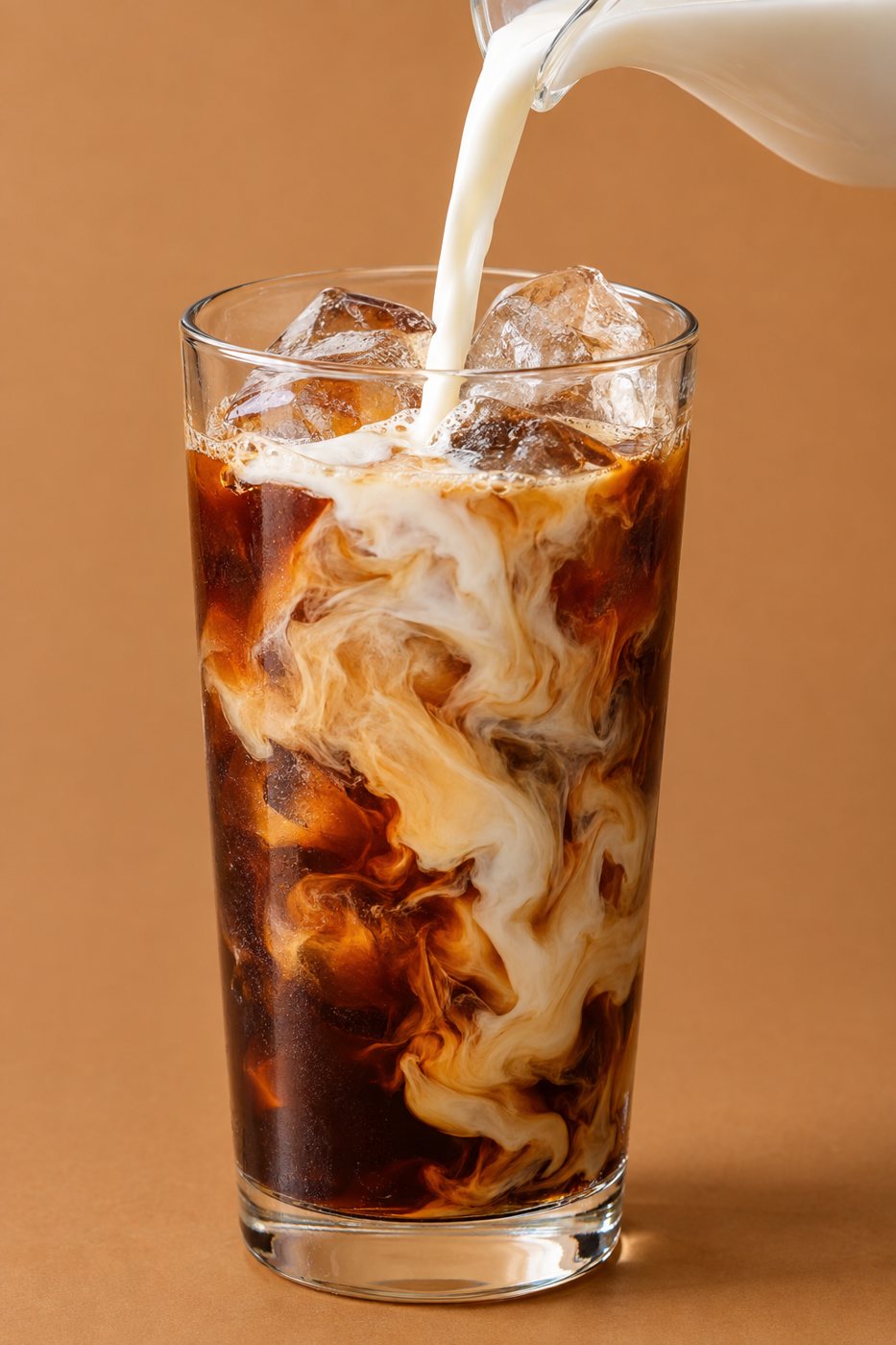 Milk swirling into a glass of iced SMOKO coffee