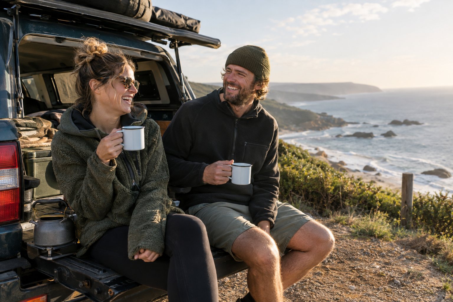 Two friends drinking coffee on a 4WD tailgate at a coastal lookout